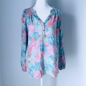 Lilly Pulitzer Elsa Silk Blue and Pink Floral Blouse Size Medium